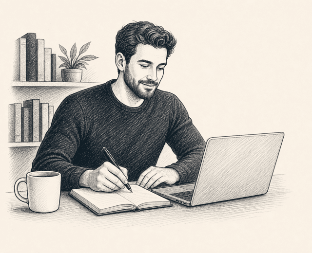 A coach reviewing client notes at a desk